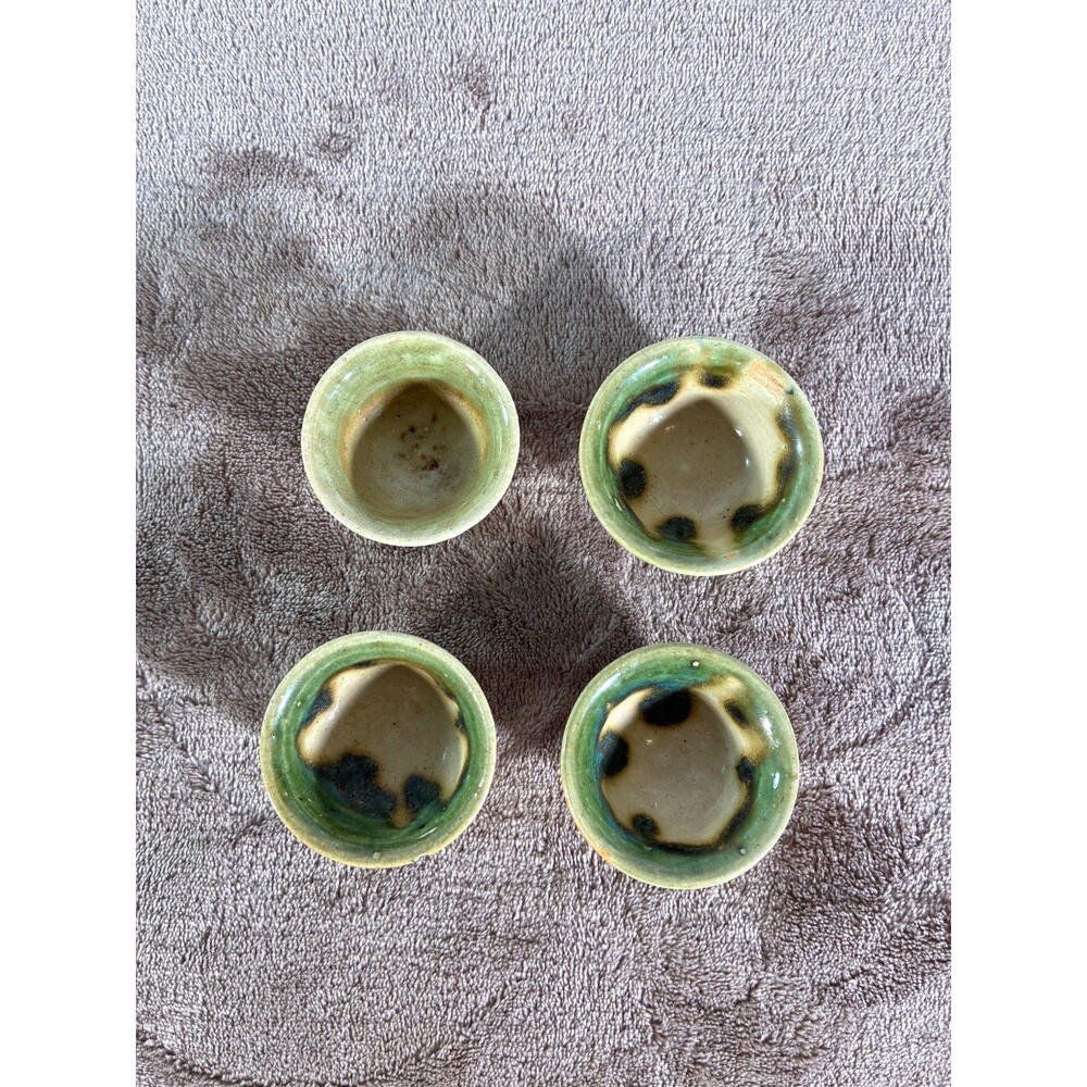 Set of 4 Studio Pottery Dipping Bowls Green Drip Glaze Handmade Stoneware